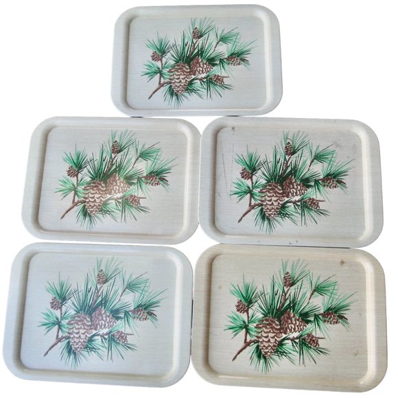 Vintage Holiday Mid Century Metal Tv Lap Trays Set 5 Pinecone